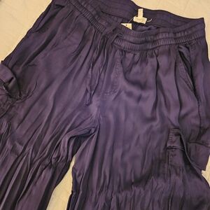 Navy blue silky cargo pants wide leg